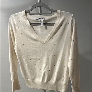 DKNY Ivory V-Neck Sweater with Subtle Embellishments